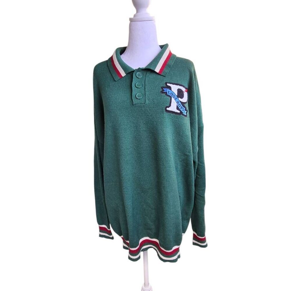 Disney Men's 2XL Green Knit Collared Pullover Sweater Button Placket Logo